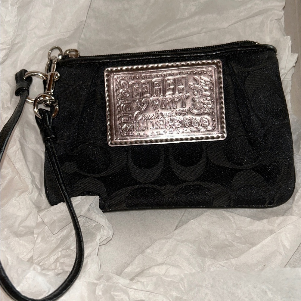 Coach Poppy Signature Black Jacquard Wristlet with Embossed Leather Patch